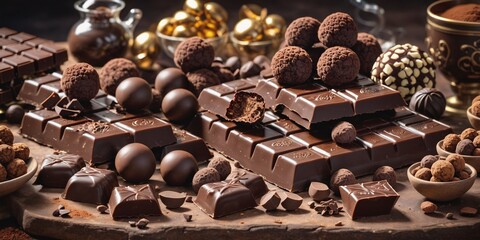 A Delightful Display of Chocolates. A variety of chocolates, including truffles and square chocolates, are piled on a rustic wooden table.