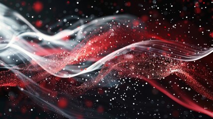 Abstract wavy shapes with red and white particles on dark background. Artistic composition of red and white glitter flow on dark canvas. Creative wave design with particle dispersion in art concept.