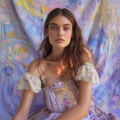A young woman exudes a dreamlike beauty against a colorful pastel backdrop, wearing an elegant, vintage-inspired gown.