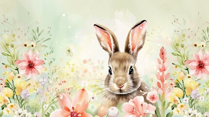 Easter decoration concept. Floral watercolor painting bunny and Easter eggs. AI generated.