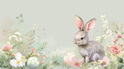 Naklejka na ściany i meble Easter decoration concept. Floral watercolor painting bunny and Easter eggs. AI generated.