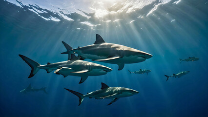 Sea and ocean sharks, found with their school of male and female sharks.