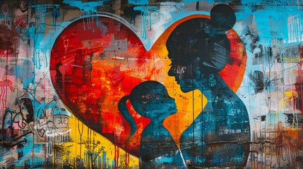 Graffiti heart with mother-child, love inscription, vibrant street colors, urban backdrop, emotional depth, spray paint texture