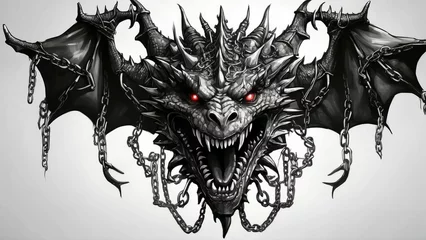 Fotobehang dragon head with chains for tattoo design illustration, clipart © Reha