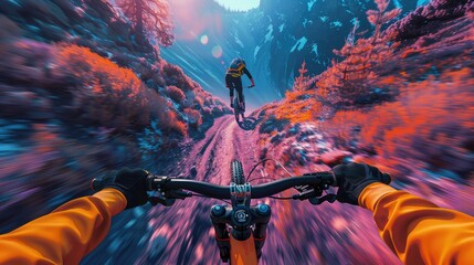 Augmented reality mountain biking trails, performance metrics, trail navigation, solid color background, 4k, ultra hd - obrazy, fototapety, plakaty