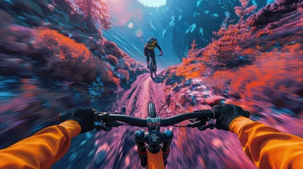 Foto op Canvas Augmented reality mountain biking trails, performance metrics, trail navigation, solid color background, 4k, ultra hd © Gefo