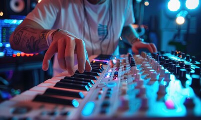 A music producer working in a studio with faders