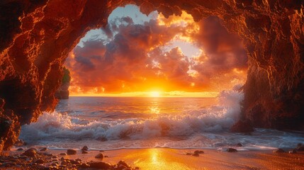 Red sky at morning, sun sets over ocean in cave, orange glow in sky