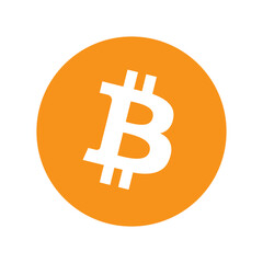 Bitcoin crypto currency blockchain flat orange icon on white background, block chain bitcoin sticker for web or print, bitcoin logo vector illustration