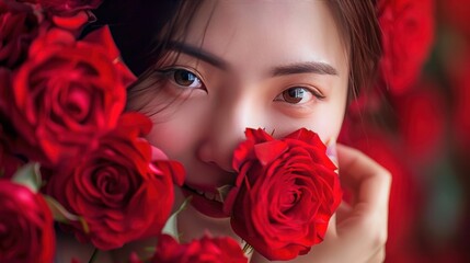 A picture of a happy Asian woman holding and smelling red roses on Valentine's Day.