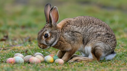 Large rabbit with group of Easter eggs on grass