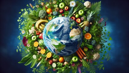 Planet earth surrounded by healthy fruits and vegetables. Eco concept. Earth Day. For banners, posters, cards, wallpapers, advertising, eco