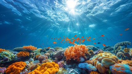 Fototapeta na wymiar Electric blue sky casts sunlight through clouds onto a coral reef underwater