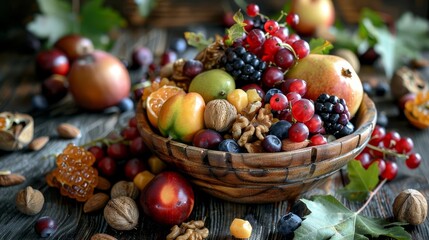 Naklejka na ściany i meble Wholesome Assortment of Organic Fruits and Nuts in Rustic Wooden Bowl, Food Still Life Photography