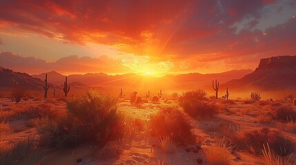 Red sky at morning in desert landscape with mountains during dusk