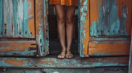 Woman's Legs in Front of Open Wooden Door, Evoking Childhood Memories and Nostalgia for Home, Conceptual Close-Up Photograph - obrazy, fototapety, plakaty