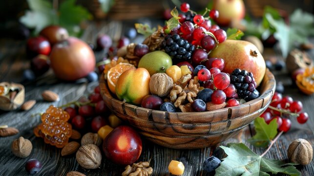 Wholesome Assortment of Organic Fruits and Nuts in Rustic Wooden Bowl, Food Still Life Photography
