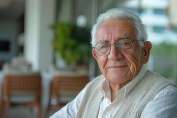 A man with glasses and a white vest is smiling