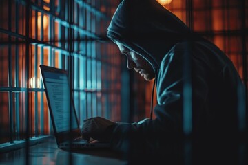A man is sitting in front of a laptop, wearing a hoodie. Prisoner hacker in prison - Powered by Adobe