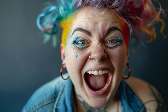Non-binary person with colorful hair and piercings is smiling and laughing