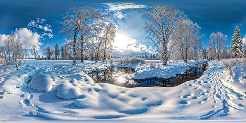 winter landscape with trees and pond, 360 panorama
