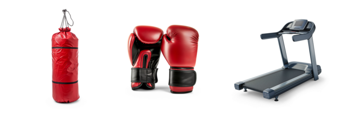gym weights training fitness equipment, athletic active workout body building, healthy lifestyle, bumbbells, treadmill and boxing gloves, punch bag icons isolated on transparent png cutout background