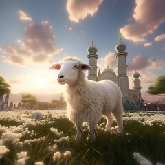 Fototapeta premium Sheep in front of the mosque at sunset. 3d render