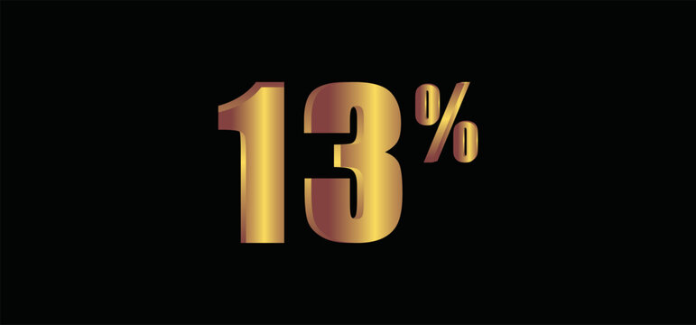 13 percent on black background, 3D gold isolated vector image