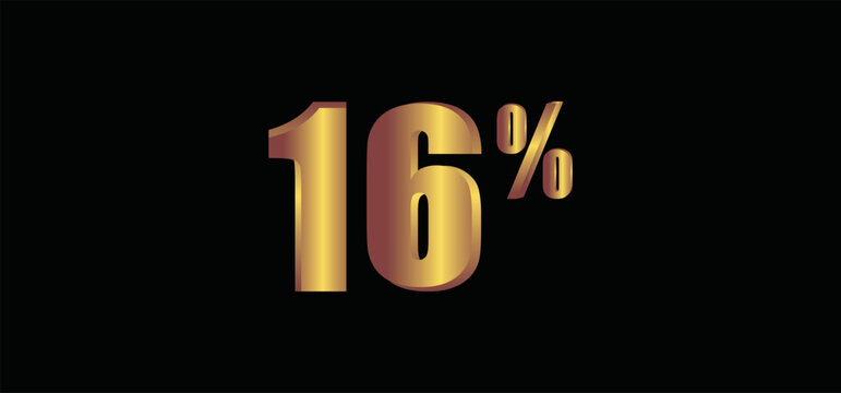 16 percent on black background, 3D gold isolated vector image