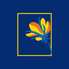 Flower logo. Traditional Ukrainian painting of Petrykivka. Elements of blue and yellow floral ornament. Decorative vector illustration.