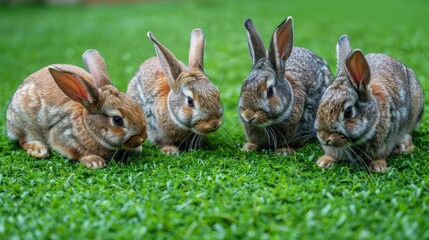 Group of rabbits relaxing on artificial turf