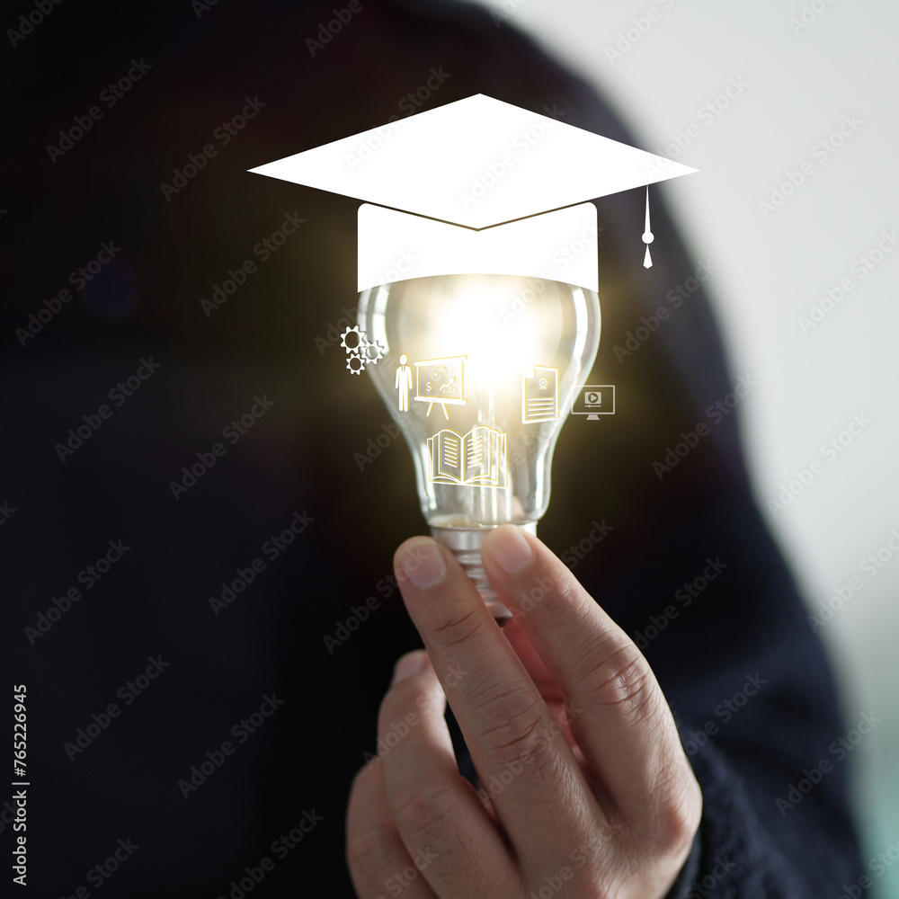 Poster Concept of Online education. man use Online education training and e-learning webinar on internet for personal development and professional qualifications. Digital courses to develop new skills.