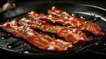 Sizzling Bacon Strips with Glistening Droplets of Grease and Oil, Appetizing Food Photography