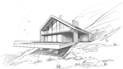 Fototapeta premium Sketched Concept of Mountain House, Architectural Line Art Illustration, Black and White Drawing