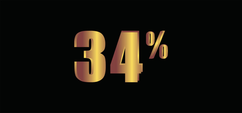 34 percent on black background, 3D gold isolated vector image