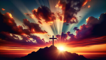 Cross Silhouetted by Setting Sun on Hilltop. Concept Spirituality and Faith - obrazy, fototapety, plakaty