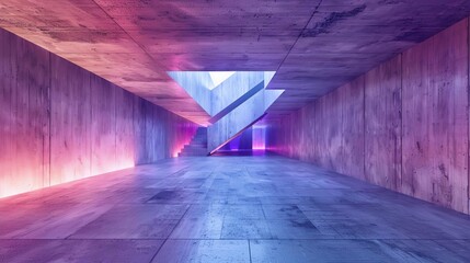Surreal Architectural Concrete Interior with Neon Gradient Lighting, Abstract 3D Rendering - obrazy, fototapety, plakaty