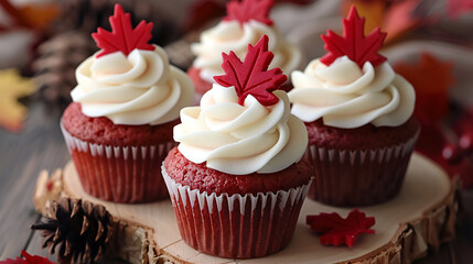 Red and white theme cupcakes with Canadian maple lea - obrazy, fototapety, plakaty
