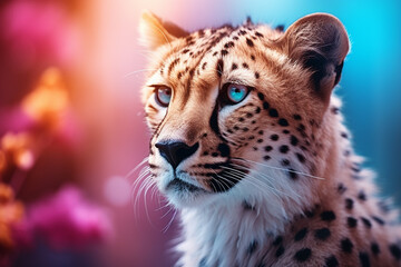 Portrait of a beautiful leopard on a colorful background. Close-up.