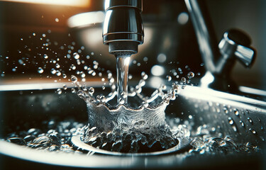 Macro shot of water droplets splashing from a kitchen faucet onto a stainless steel sink, capturing the dynamics of water
