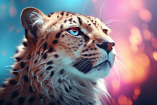 Portrait of a beautiful leopard on a colorful background. Close-up.