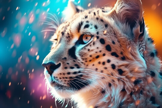Portrait of a beautiful leopard on a colorful background. Close-up.