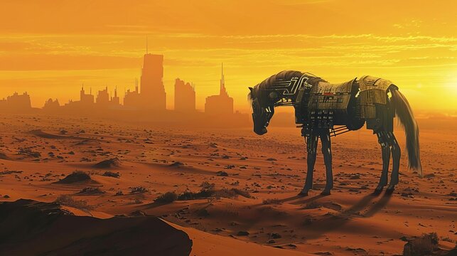 Surreal digital illustration of a robotic horse wandering through a post-apocalyptic desert landscape with a distant silhouetted city on the horizon