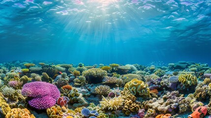 Fototapeta na wymiar Vibrant coral reef teeming with diverse marine life in a crystal-clear sea, underwater photography