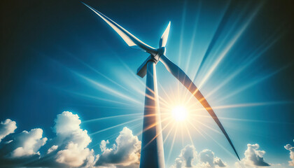 Close-up of an offshore wind turbine against a sunny blue sky, highlighting renewable energy - obrazy, fototapety, plakaty
