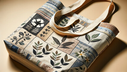 Detailed view of a recycled fabric tote bag with eco-friendly designs, showcasing sustainability in accessories