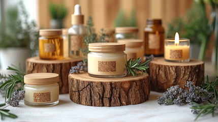Eco-Friendly Skincare Essentials Arranged On Rustic Wooden Stands, Lush Greenery