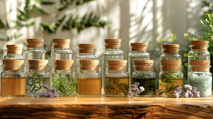 Transparent Skincare Bottles Crowned With Wooden Caps In Sunlight