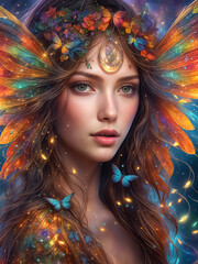Beautiful woman. Portrait of a lovely fairy with wings among glowing butterflies