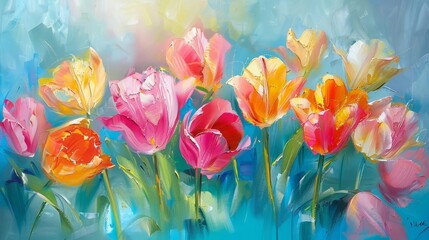 vibrant pink and yellow tulips in full bloom, oil painting still life - obrazy, fototapety, plakaty
